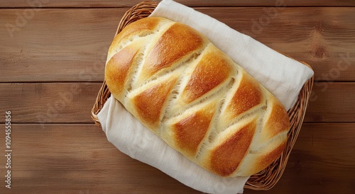 Freshly baked braided bread on a wooden table with linen cloth