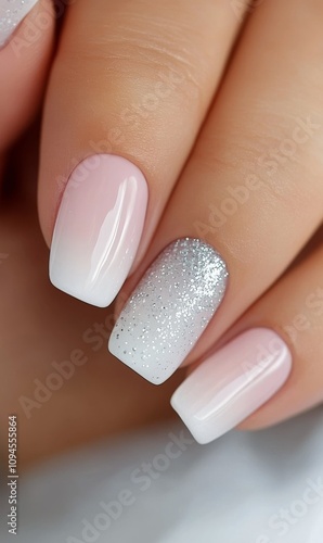 Elegant pink and silver nail design showcasing a gradient finish and sparkle