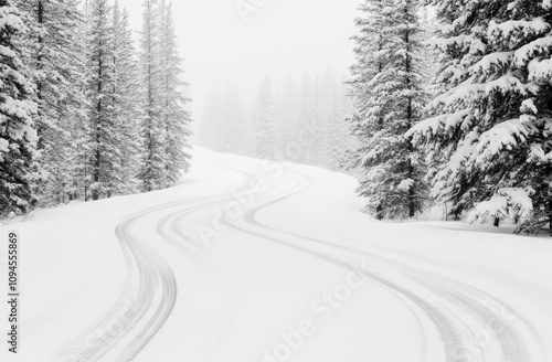 Snowy winding road through quiet forest landscape in winter season