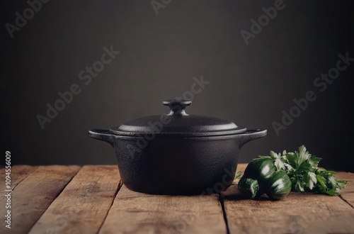 Cast iron pot on wooden table with fresh vegetables in rustic kitchen setting