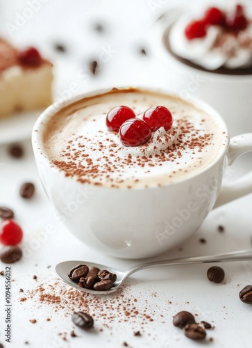 Delicious dessert with creamy coffee topped with cherries and cocoa at a cafe...