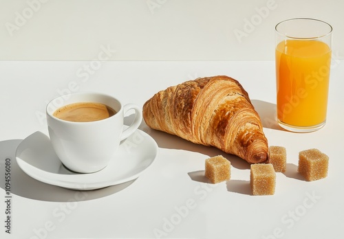 Enjoying a morning coffee with a croissant and fresh orange juice on a bright...