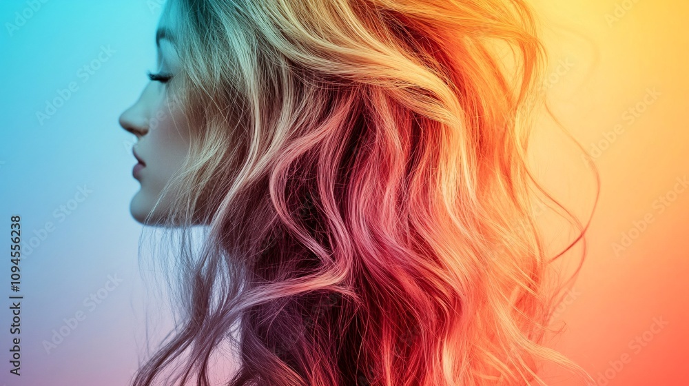 Model showing colorful dyed long hair in studio with trendy gradient background Model showing colorful dyed long hair in studio with trendy gradient background