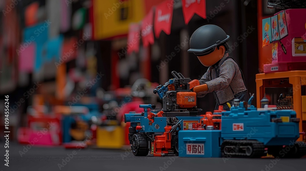 Fototapeta premium A Toy Motorcyclist Leaning Against a Blue Box in a Toy Store