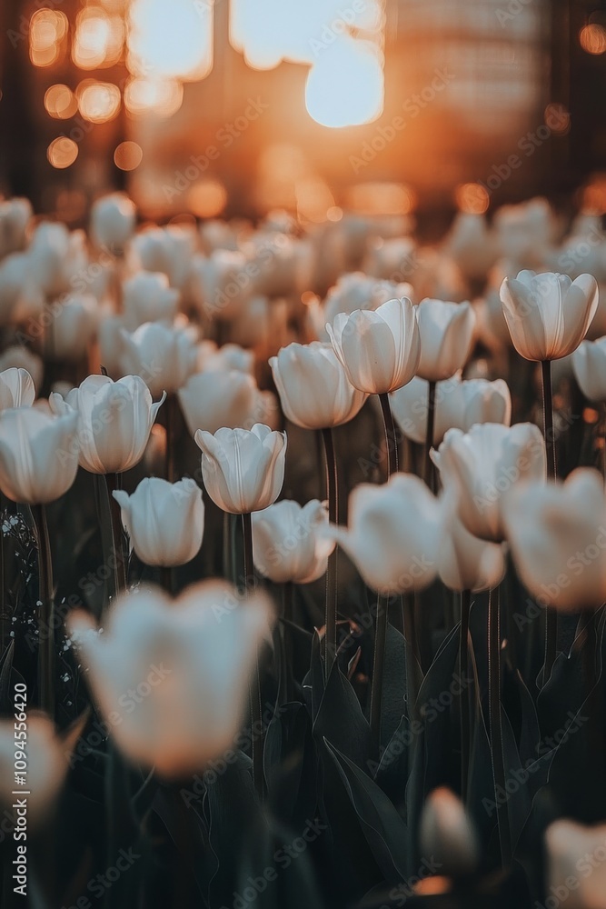 Fototapeta premium Tulips bloom in sunlight at a vibrant flower field during golden hour in the evening