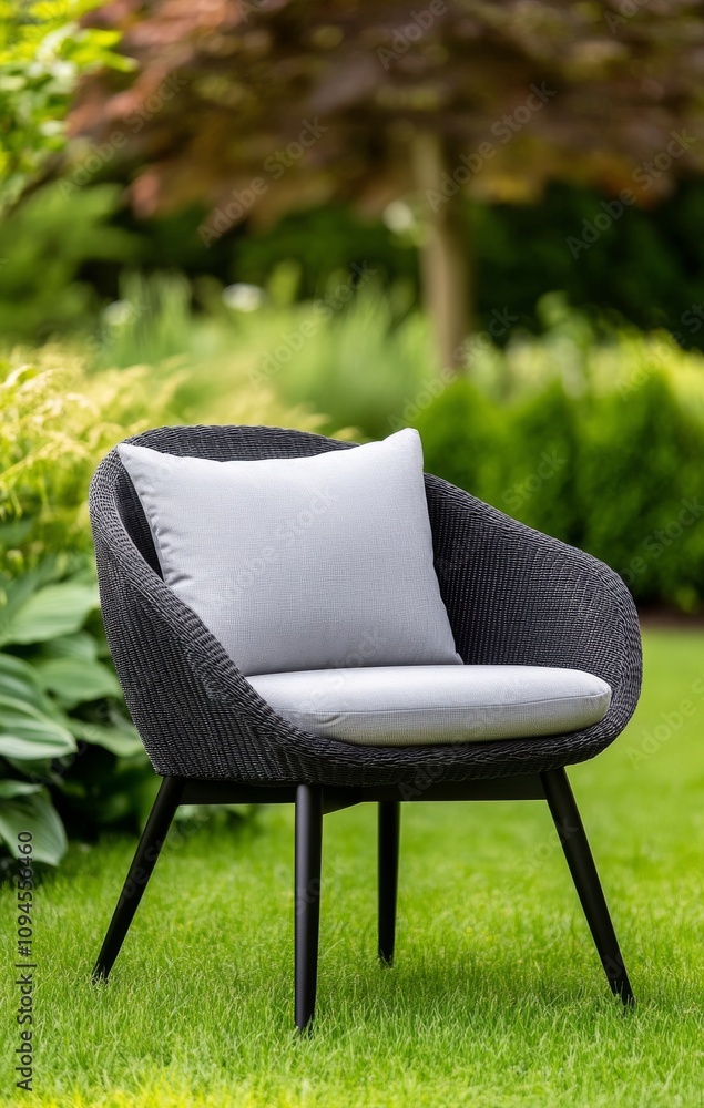 Cozy outdoor chair placed in a serene garden surrounded by lush greenery and soft sunlight Cozy outdoor chair placed in a serene garden surrounded by lush greenery and soft sunlight