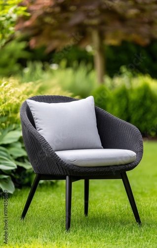 Cozy outdoor chair placed in a serene garden surrounded by lush greenery and ...