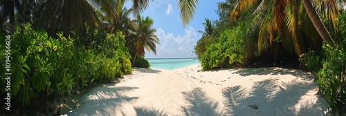 Tropical island resort with sandy beach and crystal clear water during sunny day