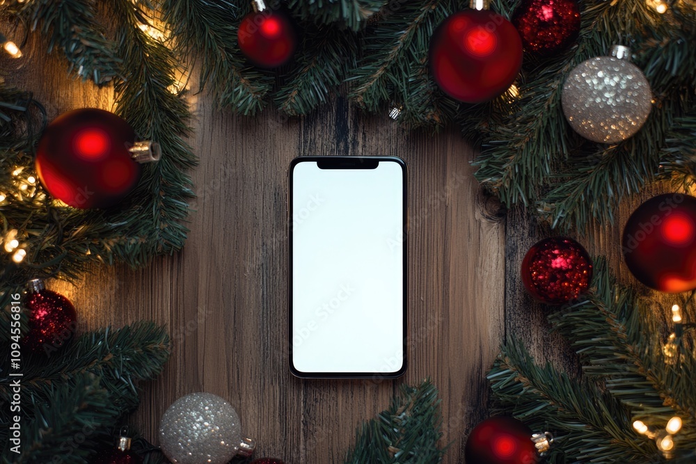 Obraz premium Smartphone with a blank screen, styled with red and silver Christmas ornaments, pine branch on a wooden backdrop. Perfect for creative holiday and New Year mockup concepts.