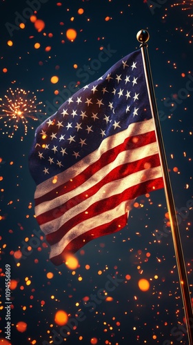 Celebrating Independence Day with fireworks and the American flag waving in t...