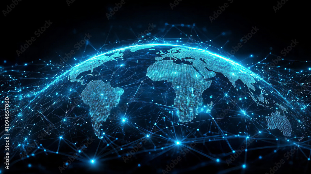 globe illuminated by glowing trade route lines, showcasing global connectivity and technology. vibrant blue lines represent data flow and communication across continents globe illuminated by glowing trade route lines, showcasing global connectivity and technology. vibrant blue lines represent data flow and communication across continents