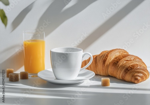 Enjoying a morning coffee with a croissant and fresh orange juice on a bright...