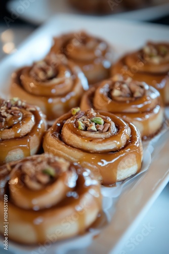 Freshly baked cinnamon rolls topped with nuts and caramel in a bakery setting