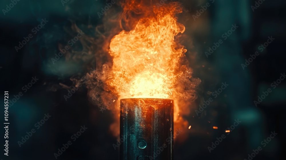 Fototapeta premium Flaming fuse burning brightly against a dark background with intense orange and yellow flames and sparks emanating from a metal casing