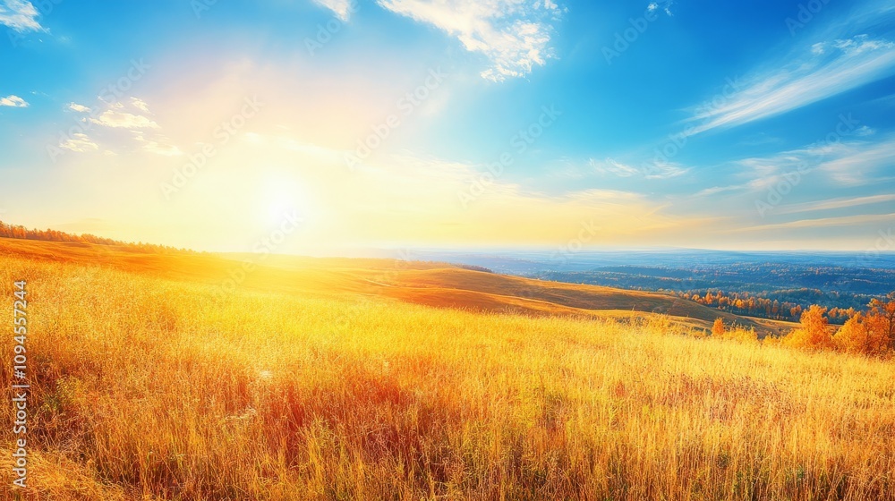 Golden Autumn Landscape with Rolling Hills at Sunset Golden Autumn Landscape with Rolling Hills at Sunset