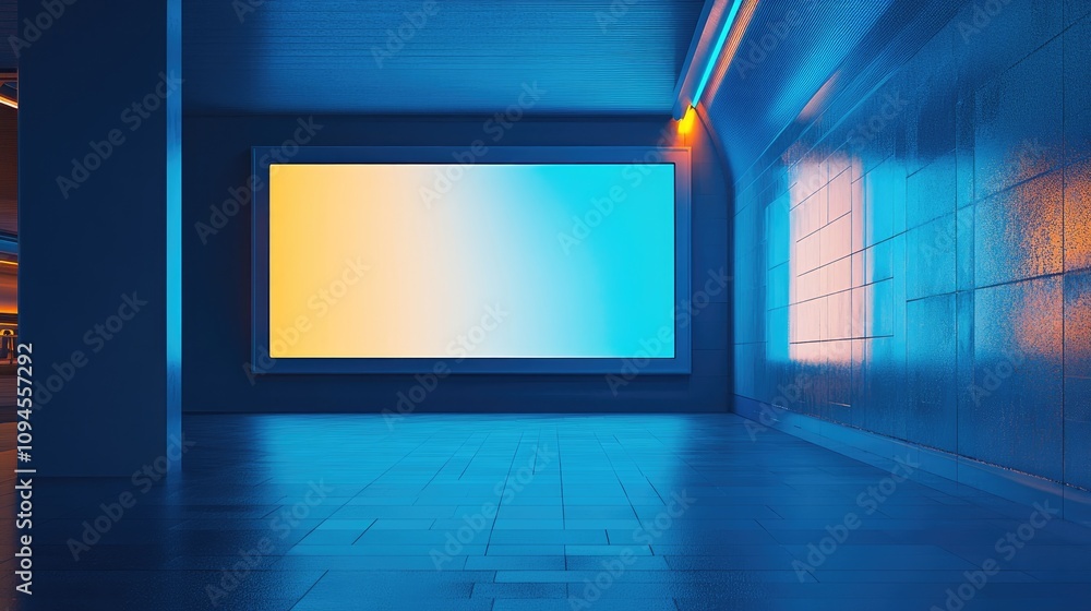 Illuminated blank billboard on a blue-toned wall in a transport station, ideal for promotional content and marketing messages, featuring a gradient background. Illuminated blank billboard on a blue-toned wall in a transport station, ideal for promotional content and marketing messages, featuring a gradient background.