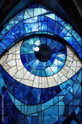 Stunning blue stained glass window featuring an eye design in intricate geome...