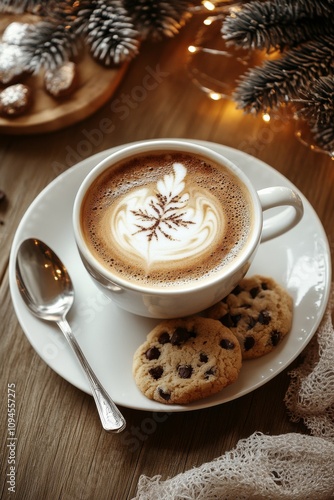 Warm coffee with artistic foam pattern and chocolate chip cookies on a cozy t...