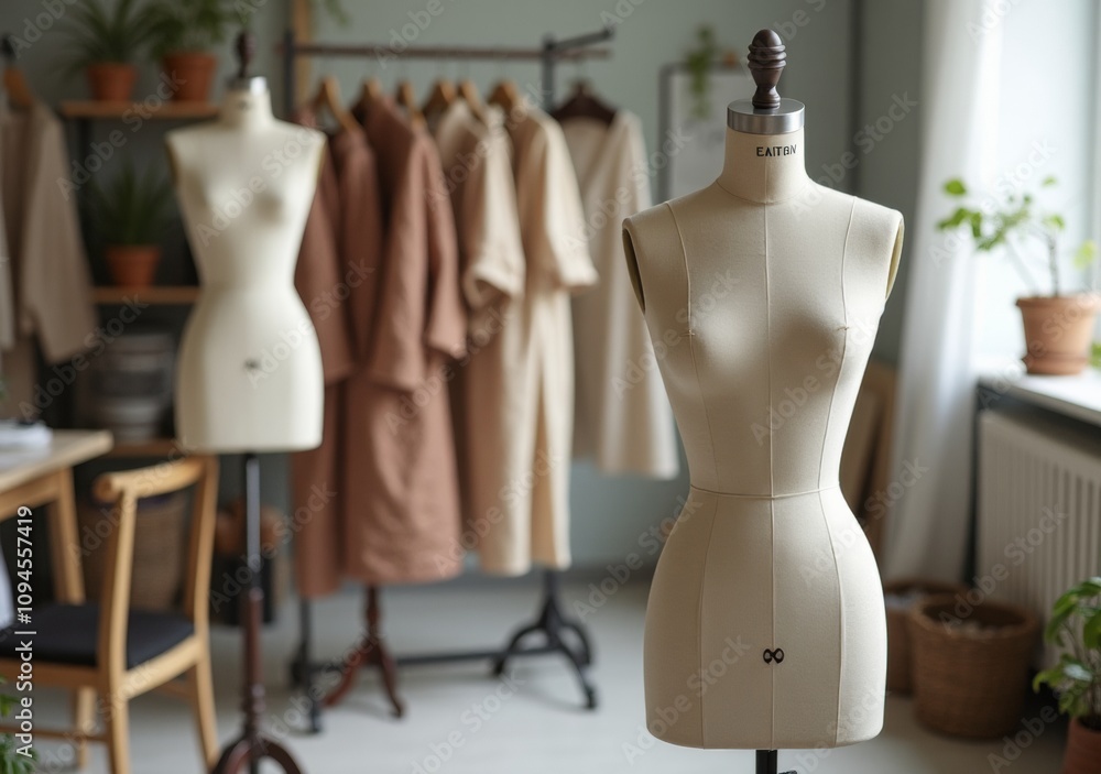 Tailoring studio with dress forms and garments displayed in a cozy workspace Tailoring studio with dress forms and garments displayed in a cozy workspace