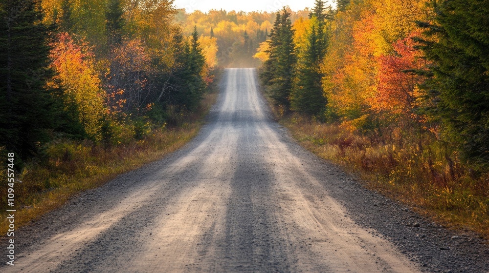 Fototapeta premium Serene gravel road winding through a vibrant autumn forest, with colorful trees and soft sunlight illuminating the path ahead.