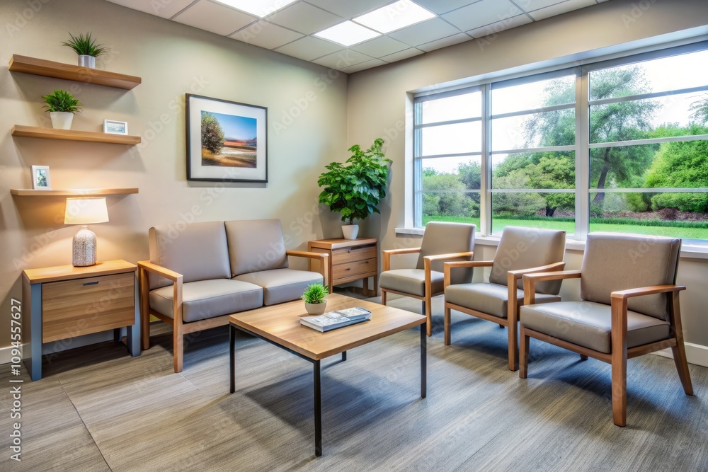 Tranquil Doctors Office Waiting Room Featuring Empty Chairs and Health Information Brochures for a Calming Healthcare Experience Tranquil Doctors Office Waiting Room Featuring Empty Chairs and Health Information Brochures for a Calming Healthcare Experience