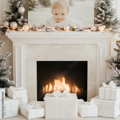 Cute child with floral headband enjoys festive atmosphere near fireplace duri...