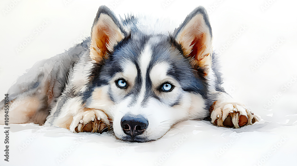 Obraz premium A watercolor Siberian Husky lying on a soft surface, its head resting gently on its paws, on white