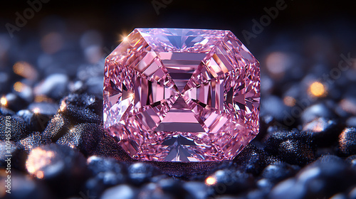 A large, pink, rectangular gemstone sits on dark, sparkly material. photo