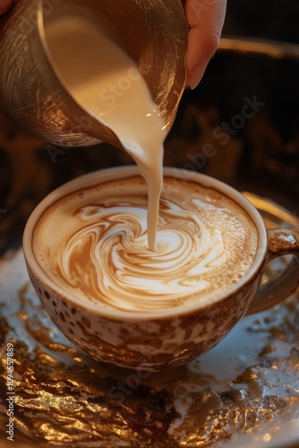 Creating intricate latte art with frothed milk and coffee in a cozy cafe setting