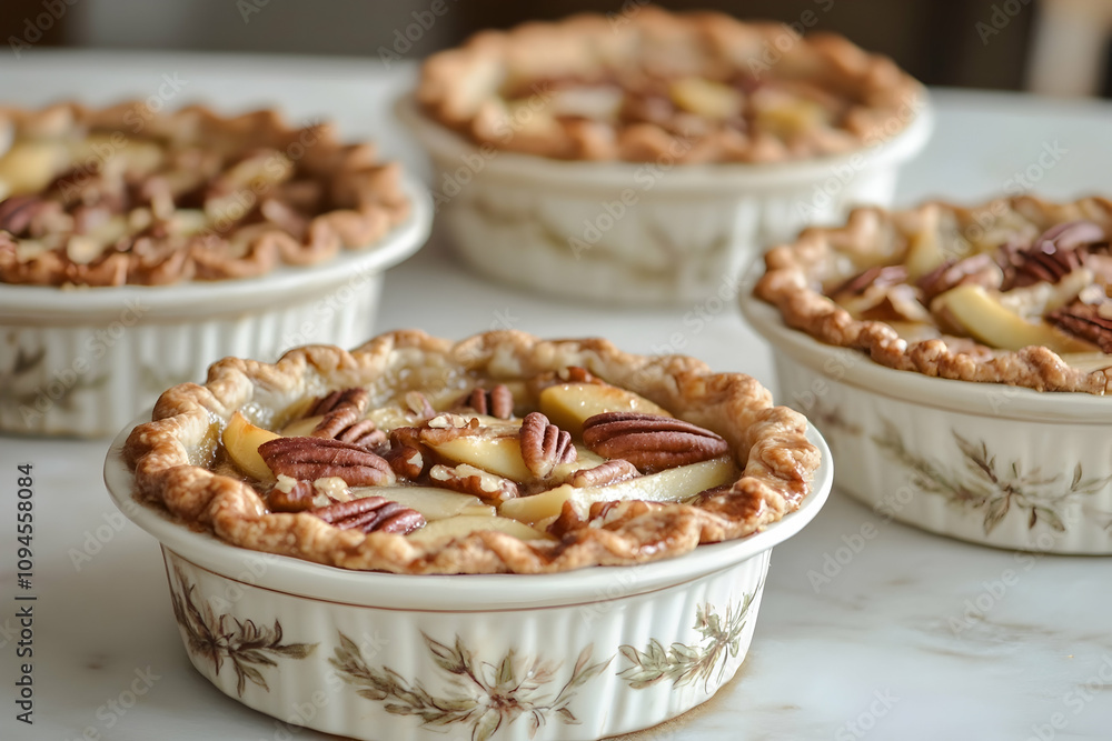 Homemade apple and pecan pies served in elegant ceramic dishes . image Homemade apple and pecan pies served in elegant ceramic dishes . image