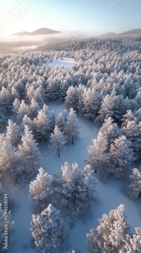 Winter landscape showcasing frosted pine trees in a serene forest