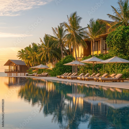 Tropical resort with sunset view and palm trees near a serene pool setting