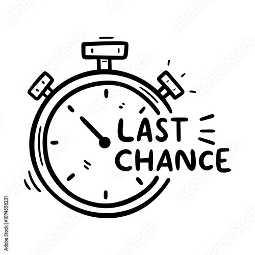 Black and white doodle style stopwatch with Last Chance text. Perfect for promotions, limited time offers, countdowns, and e-commerce marketing campaigns.