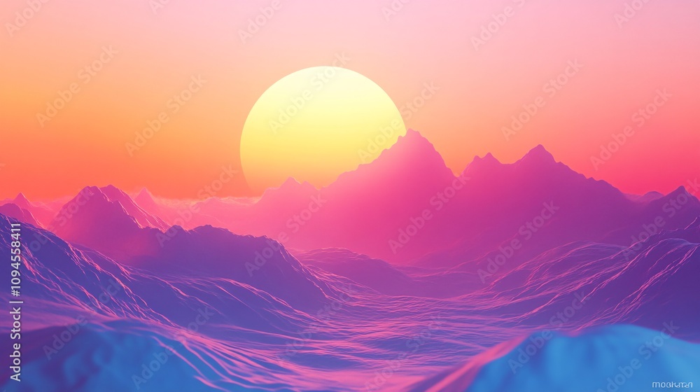 Vibrant synthwave mountainscape with big sun at sunset Vibrant synthwave mountainscape with big sun at sunset