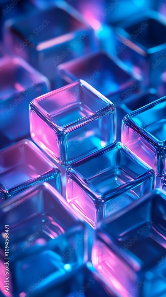 A close-up of translucent glass cubes illuminated with vibrant blue and pink lighting. A close-up of translucent glass cubes illuminated with vibrant blue and pink lighting.
