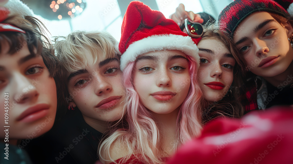 Obraz premium A group of teenagers with frosted tips and 2000s fashion taking a Christmas-themed selfie.