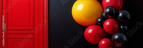 Brightly colored wall with red doors and balloons in yellow, black, and red