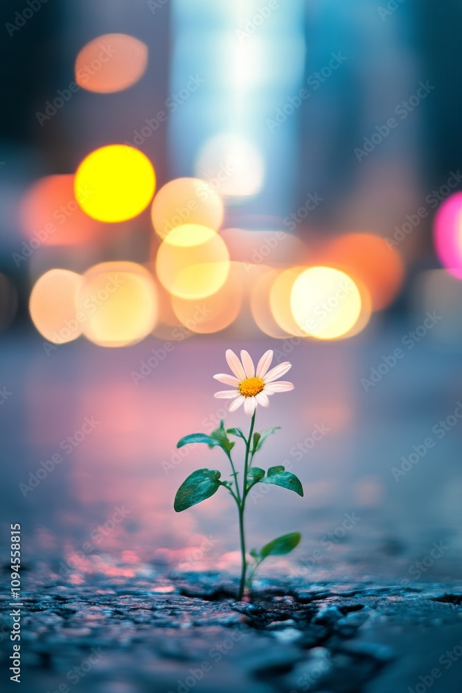 Bright daisy blooms amid city chaos in vibrant urban background Bright daisy blooms amid city chaos in vibrant urban background