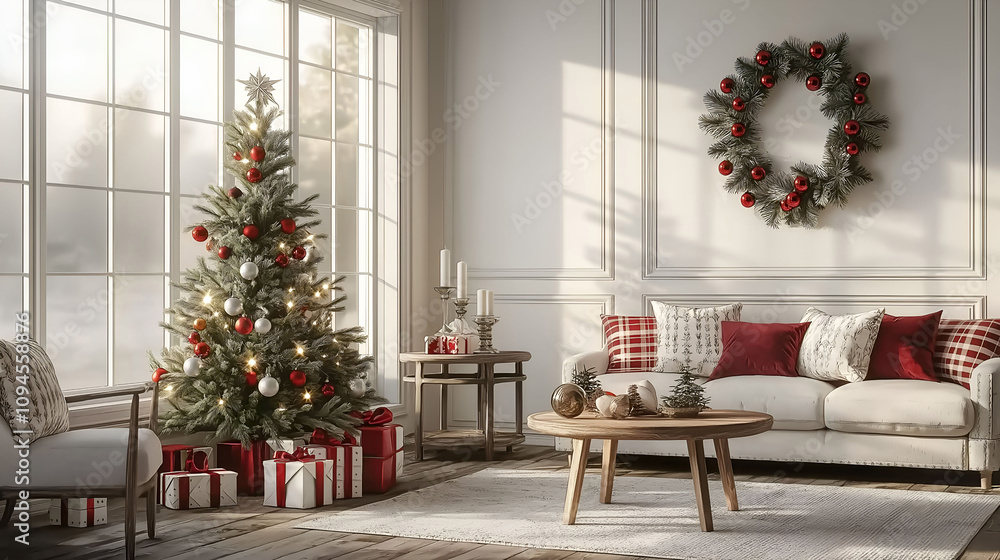 Aesthetic room interior design with Merry Christmas elements. Wall with New Year decoration in the apartment. Holiday tree in the room. Aesthetic room interior design with Merry Christmas elements. Wall with New Year decoration in the apartment. Holiday tree in the room.