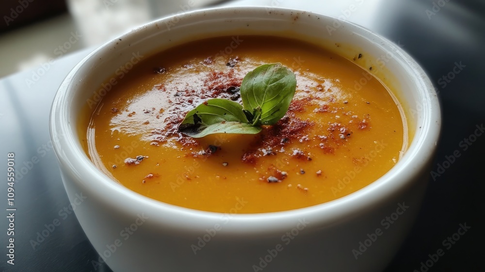 Creamy pumpkin soup garnished with fresh herbs and spices in a white bowl, perfect for food enthusiasts and culinary connoisseurs. Creamy pumpkin soup garnished with fresh herbs and spices in a white bowl, perfect for food enthusiasts and culinary connoisseurs.