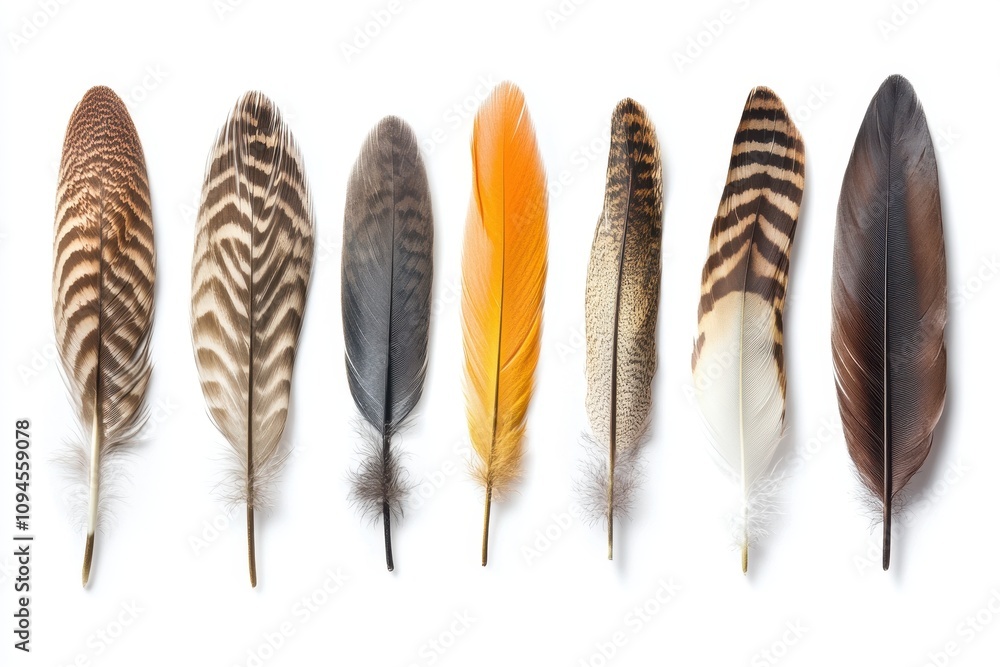 A collection of colorful feathers arranged in a row, showcasing various patterns and textures. A collection of colorful feathers arranged in a row, showcasing various patterns and textures.