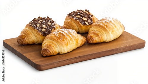 Freshly baked croissants arranged beautifully on a wooden board in a cozy kit...