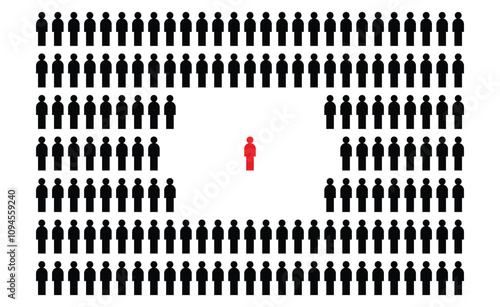 A unique individual stands out. One red person stands out from the mass of people. A special member of society.