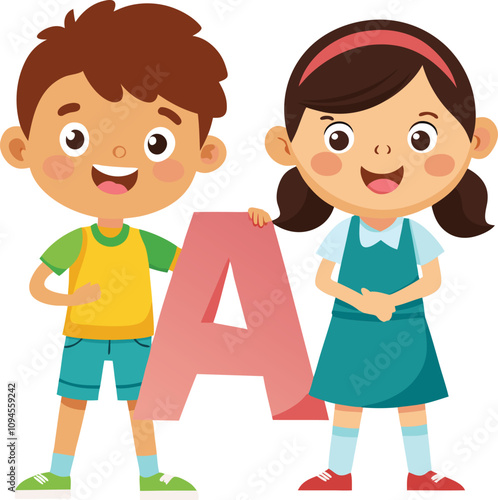 Learning the Alphabet:  A boy and girl proudly hold a giant letter A, a colorful and playful illustration that celebrates childhood learning and education. 