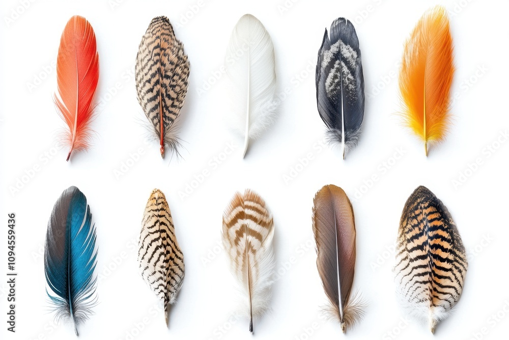 A collection of colorful feathers arranged in a grid pattern. A collection of colorful feathers arranged in a grid pattern.