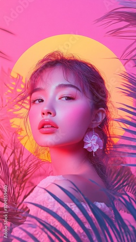 Fashion model posing with tropical plants and neon lights