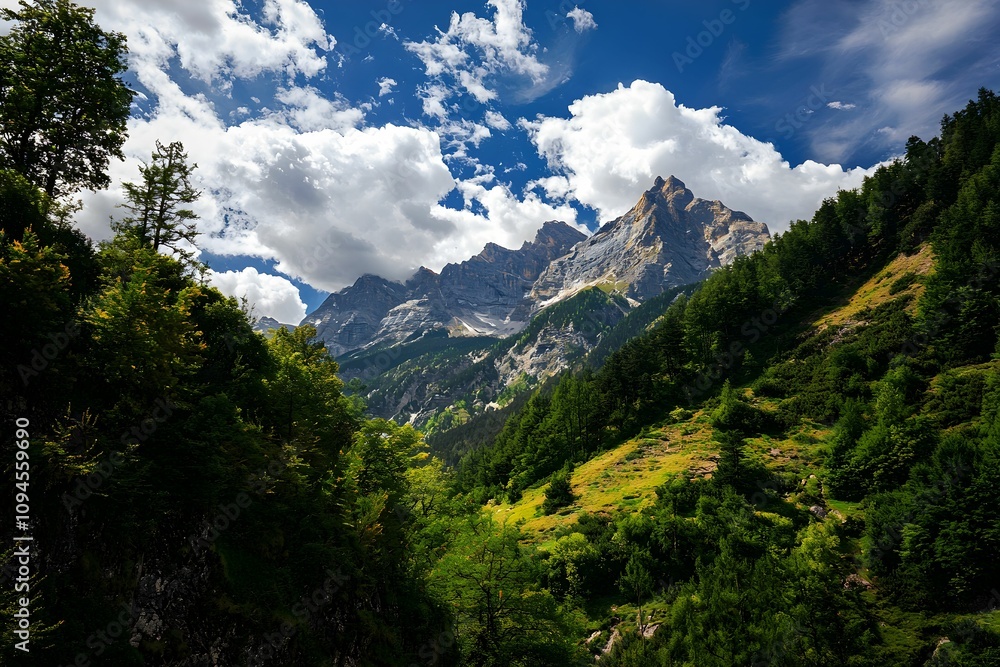 Obraz premium Majestic mountains under a bright sky with lush greenery