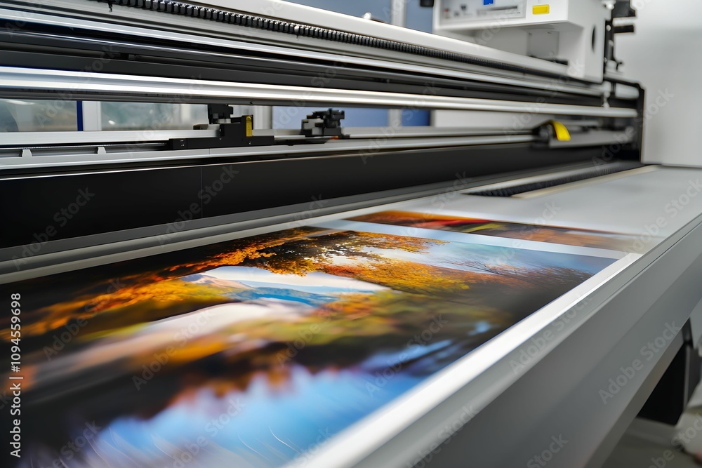 Large format printer producing vibrant landscape prints in studio Large format printer producing vibrant landscape prints in studio