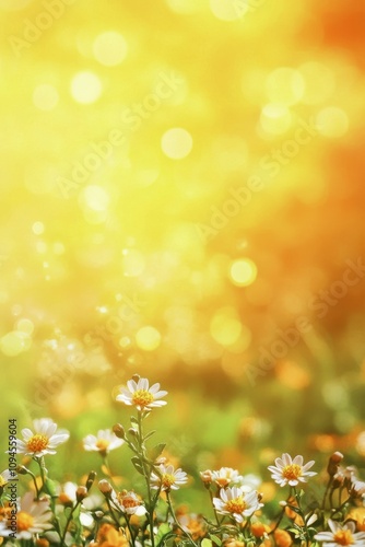 Bright golden flower field during sunset with blooming daisies and warm sunlight