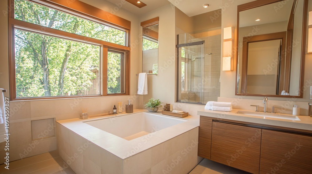 Luxurious Modern Bathroom with Freestanding Tub and Large Window Luxurious Modern Bathroom with Freestanding Tub and Large Window